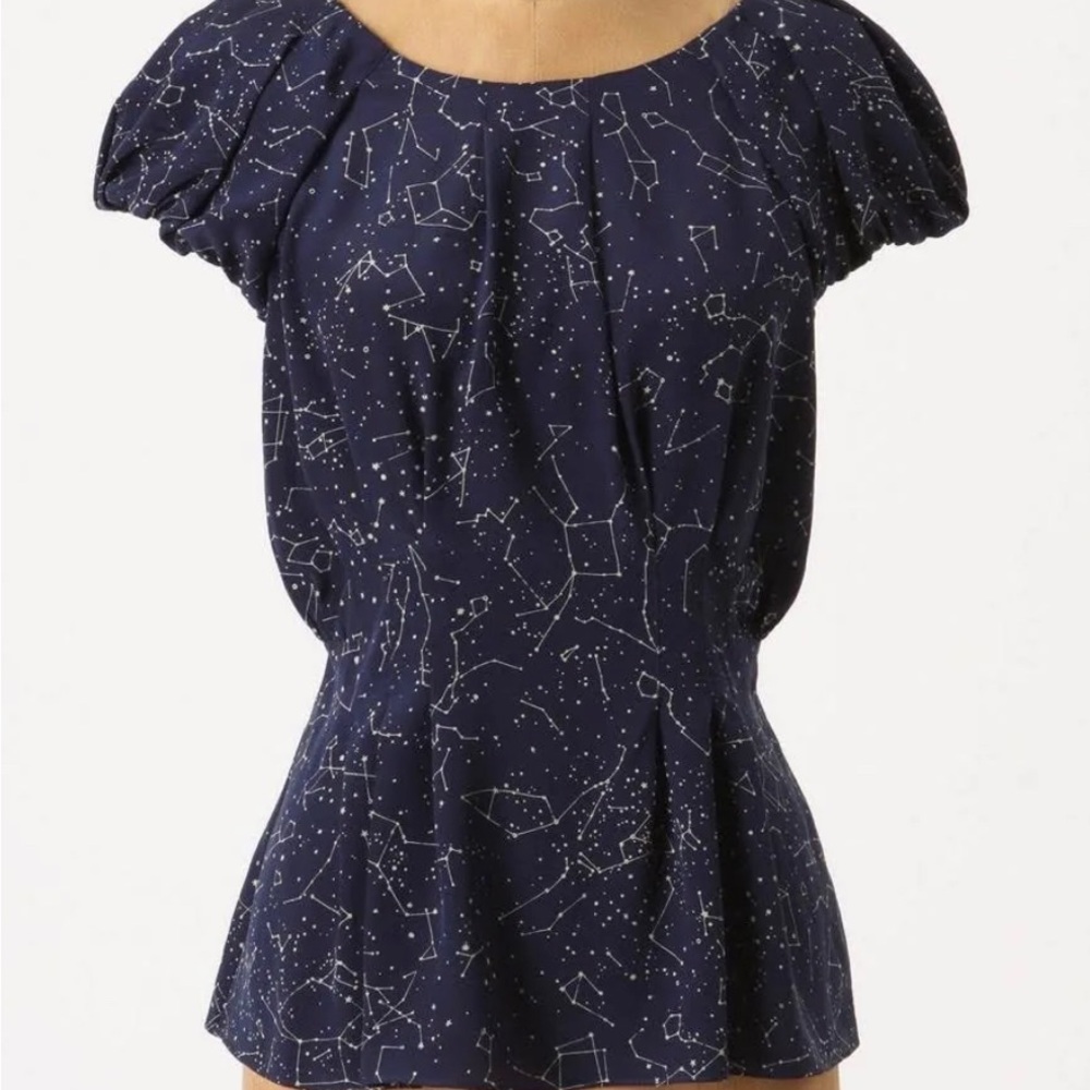 MAEVE ANTHROPOLOGIE Blue Trace The Stars Puff Sleeve Constellation Silk Blouse